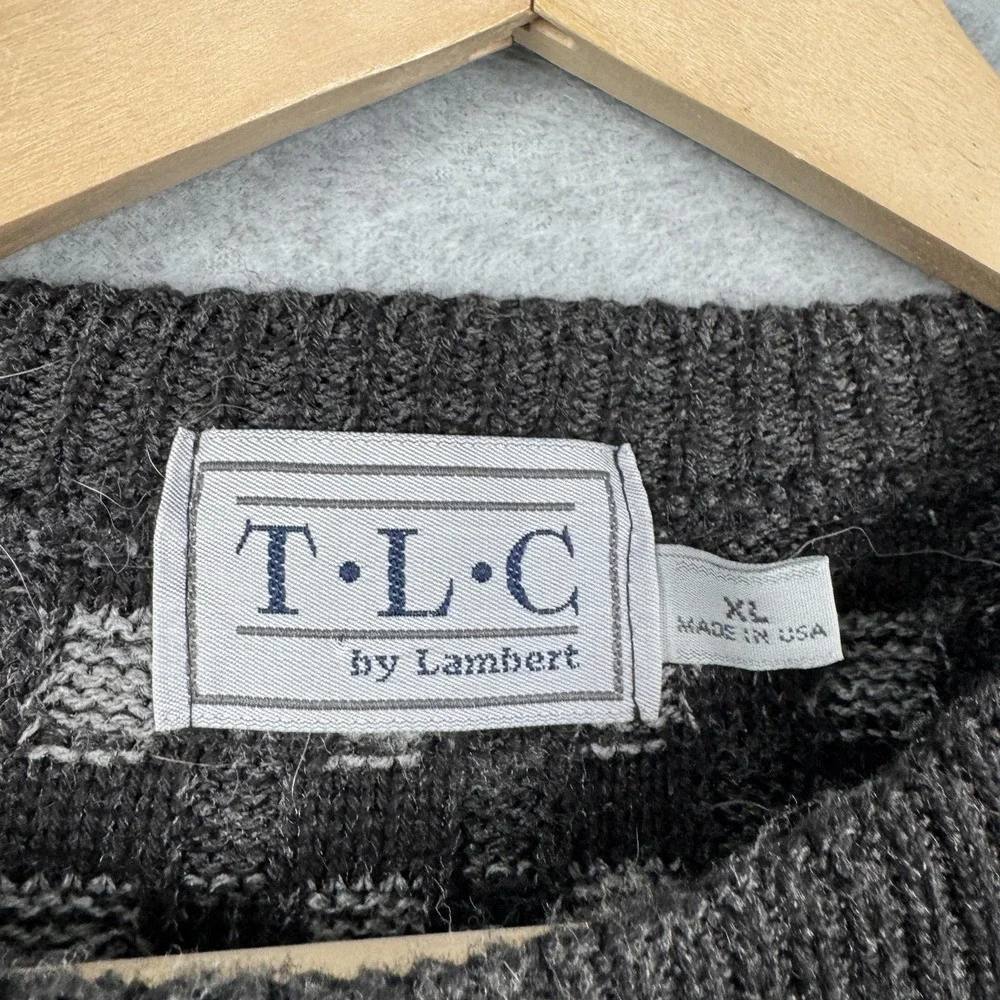 VTG TLC by Lambert Sweater Mens XL Gray Checkerboard Textured Knit USA Grandpa